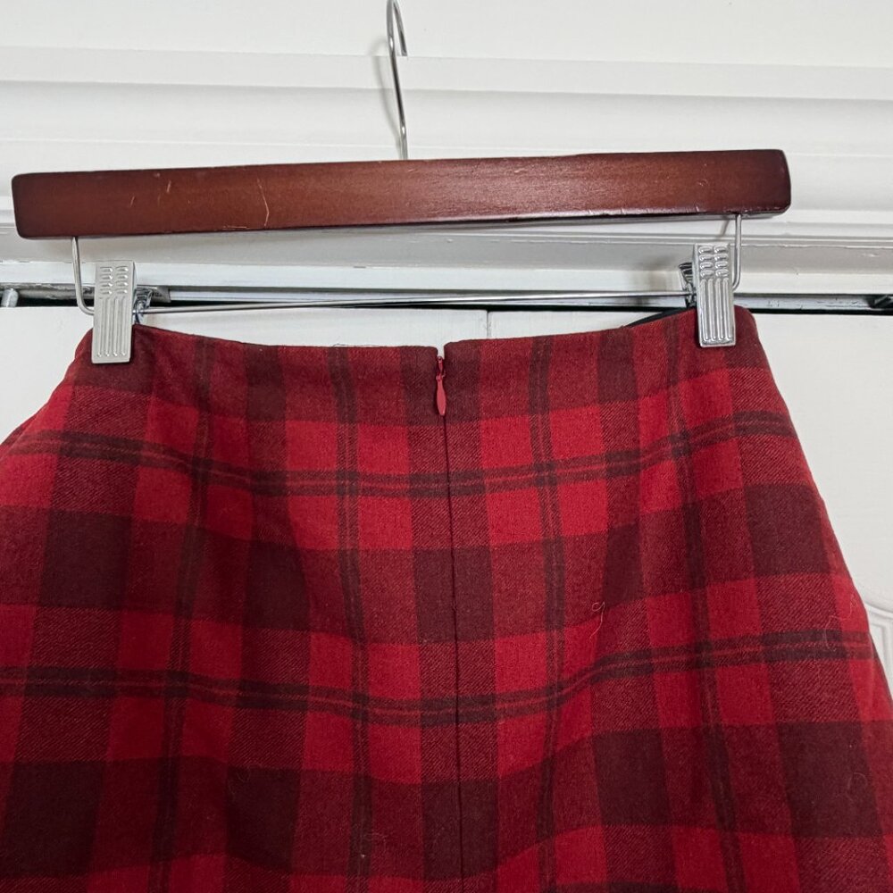 Red Plaid Wool Wrap Skirt – High-Waisted Mini Skirt - Picture 5 of 6